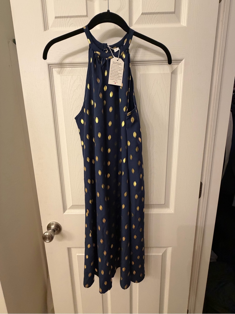 Navy Halter Midi Dress with Gold Dot Print